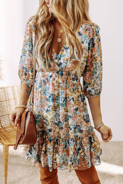 Sky Blue Floral 3/4 Sleeve V Neck High Waist Ruffled Dress: