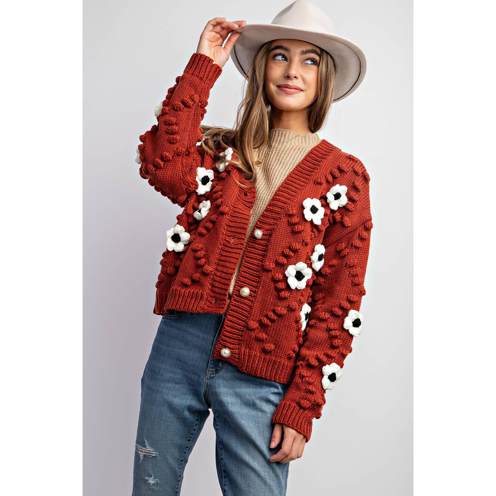 3D FLOWER KNITTING CARDIGAN: Brick