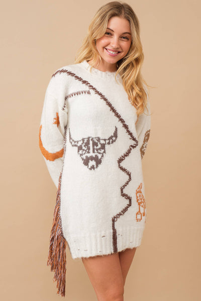 34385W-One Side Fringe Distressed Rib Edge Sweater Dress: OFF WHITE