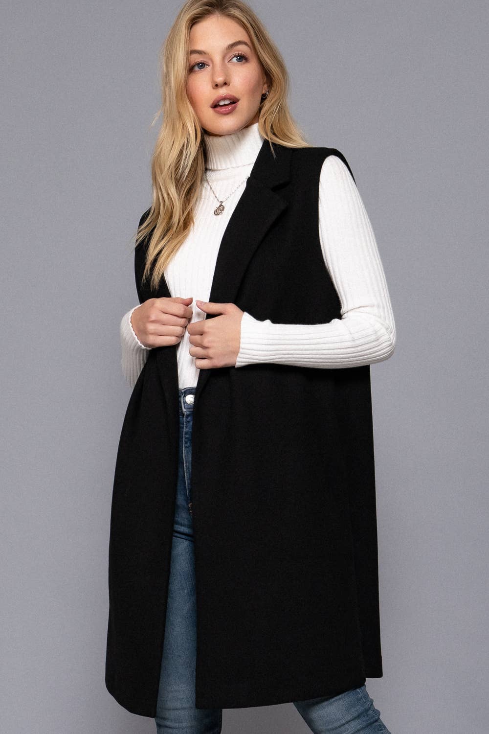 Sleeveless Notched Collar Soft Open Vest: