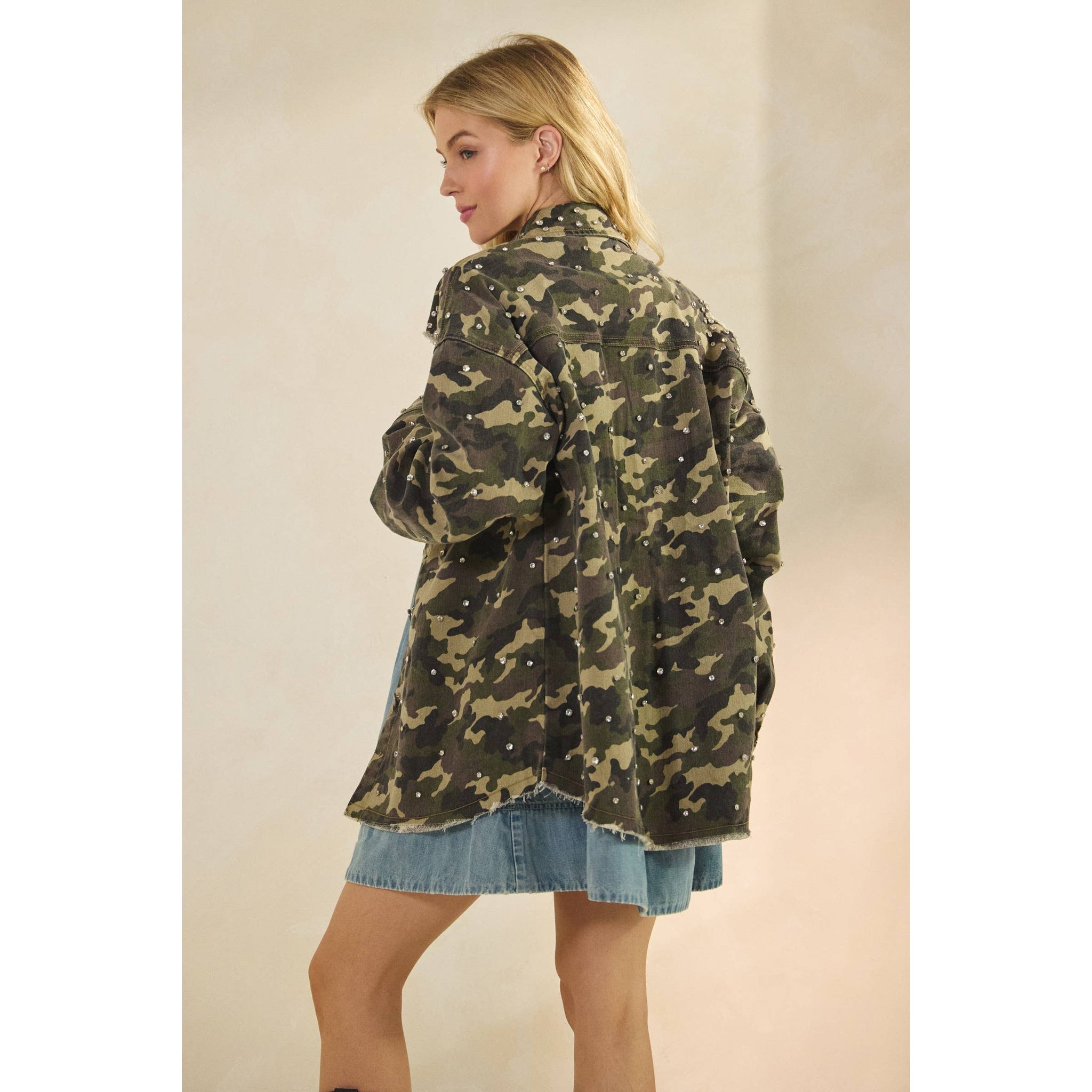 Printed Rhinestone Denim Jacket: Camo