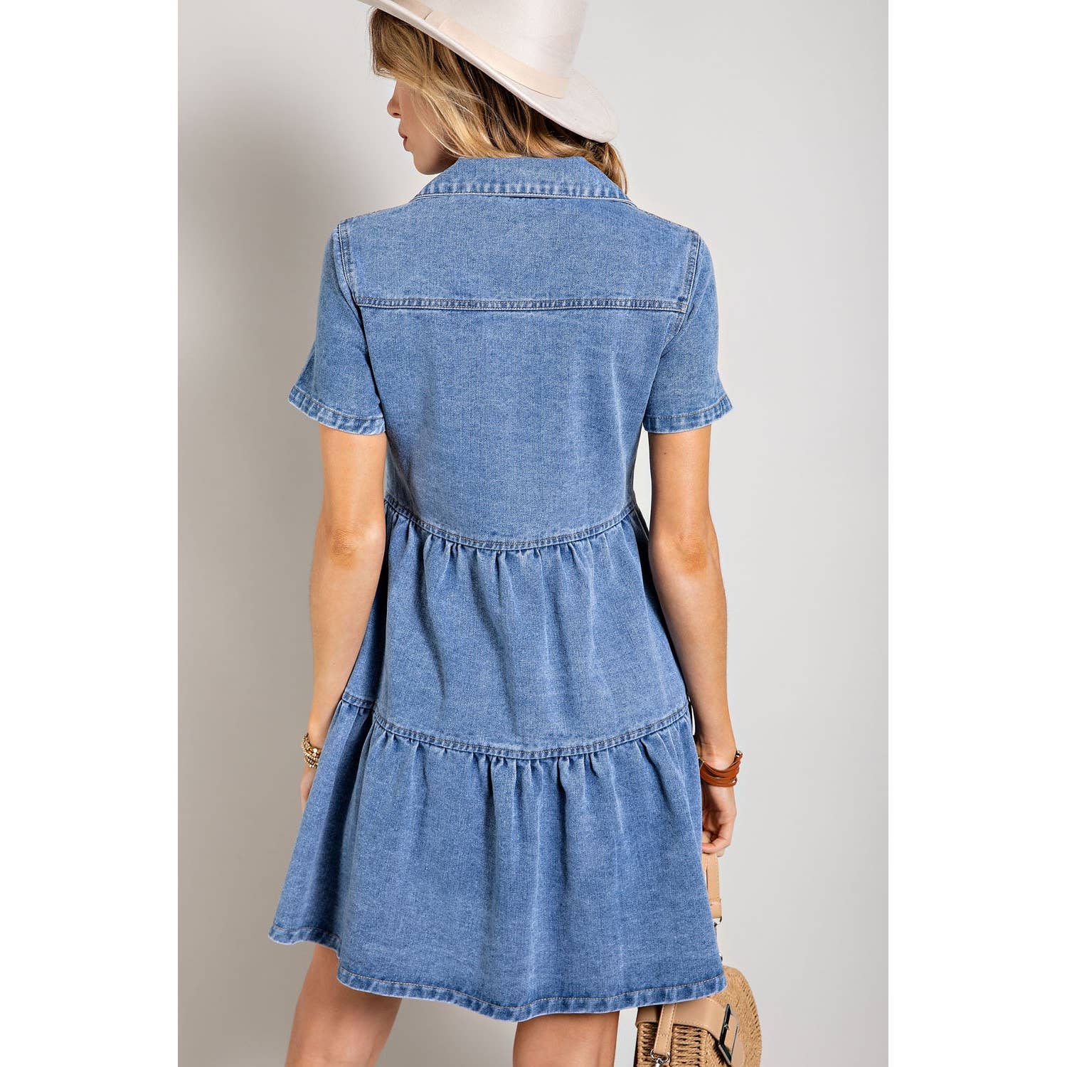 DENIM BUTTON DOWN RUFFLE HEM DRESS: Medium Denim