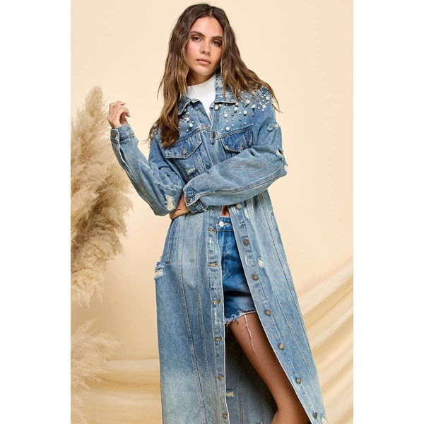 Pearl And Crystal Distressed Long Denim Jacket: Med Wash