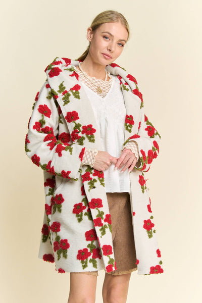 FLORAL POCKET CHUNKY BUTTON FRONT HOODIE JACKET