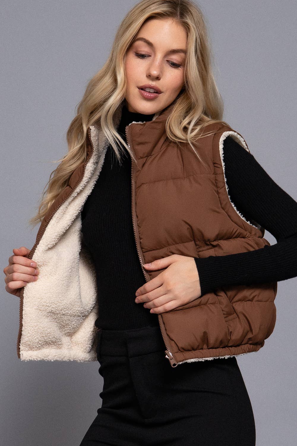 Reversible Fur Padding Vest: BRN-brown