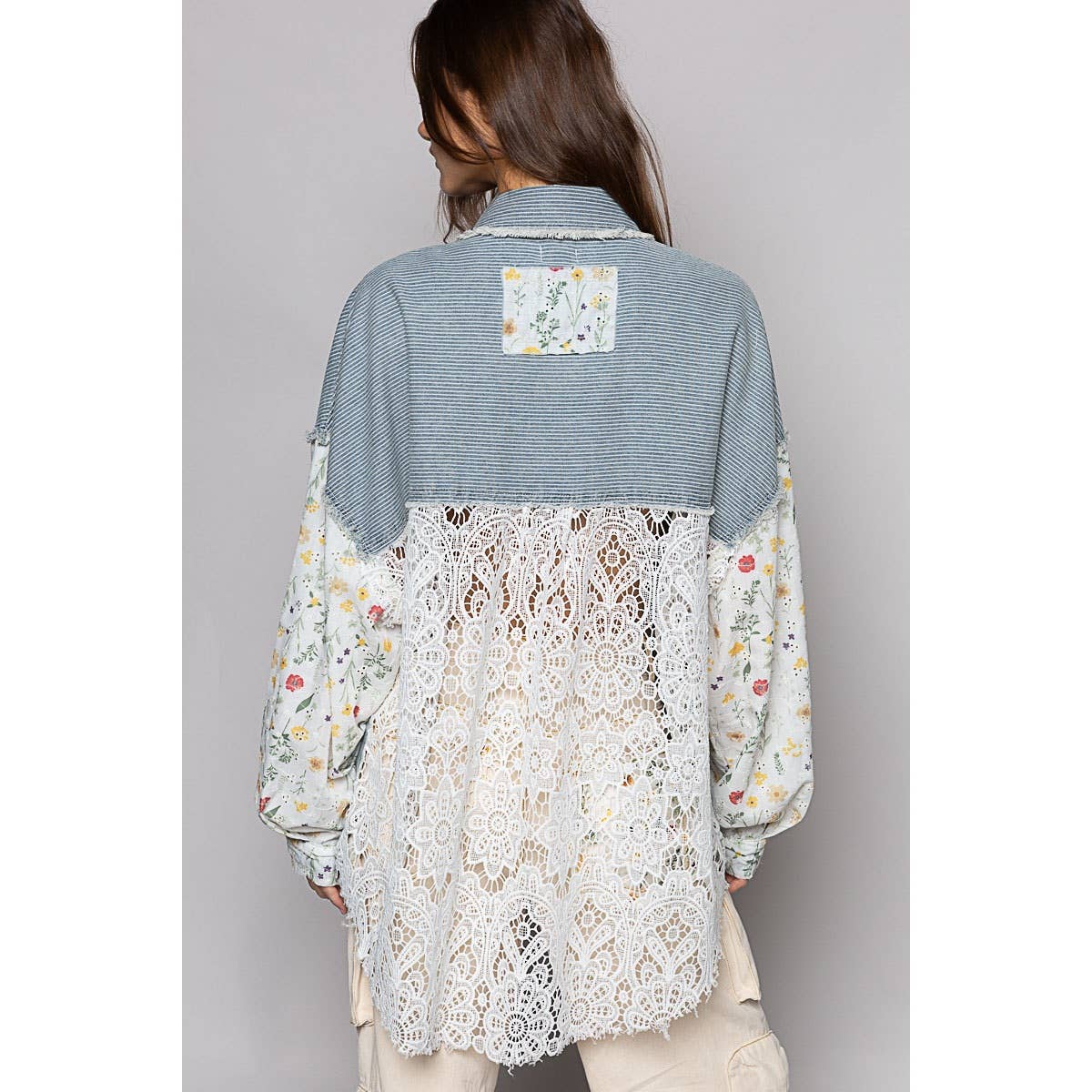 Floral print long sleeve crochet patches shacket: STRIPE DENIM