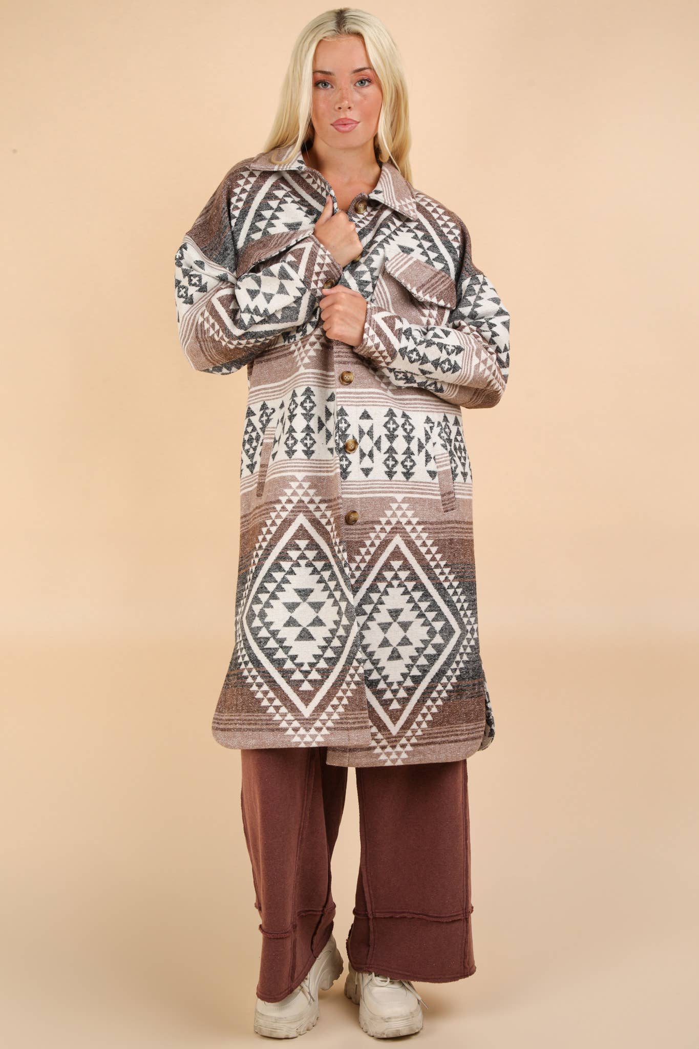 PLUS SIZE Aztec & Plaid Shacket Jacket Coat: BLACK MIX