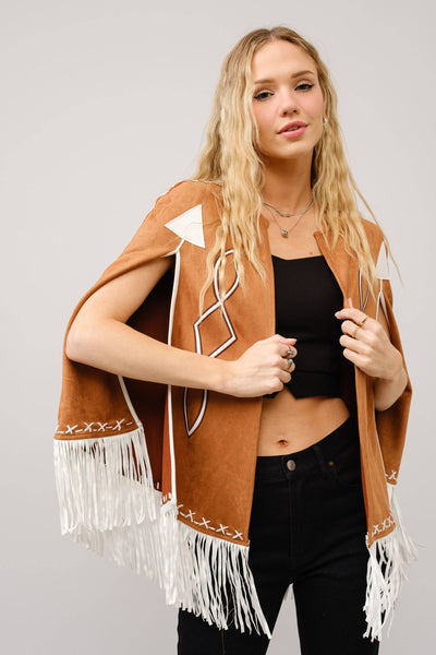 36306J - Fringe Detail Open Cape Jacket: CAMEL