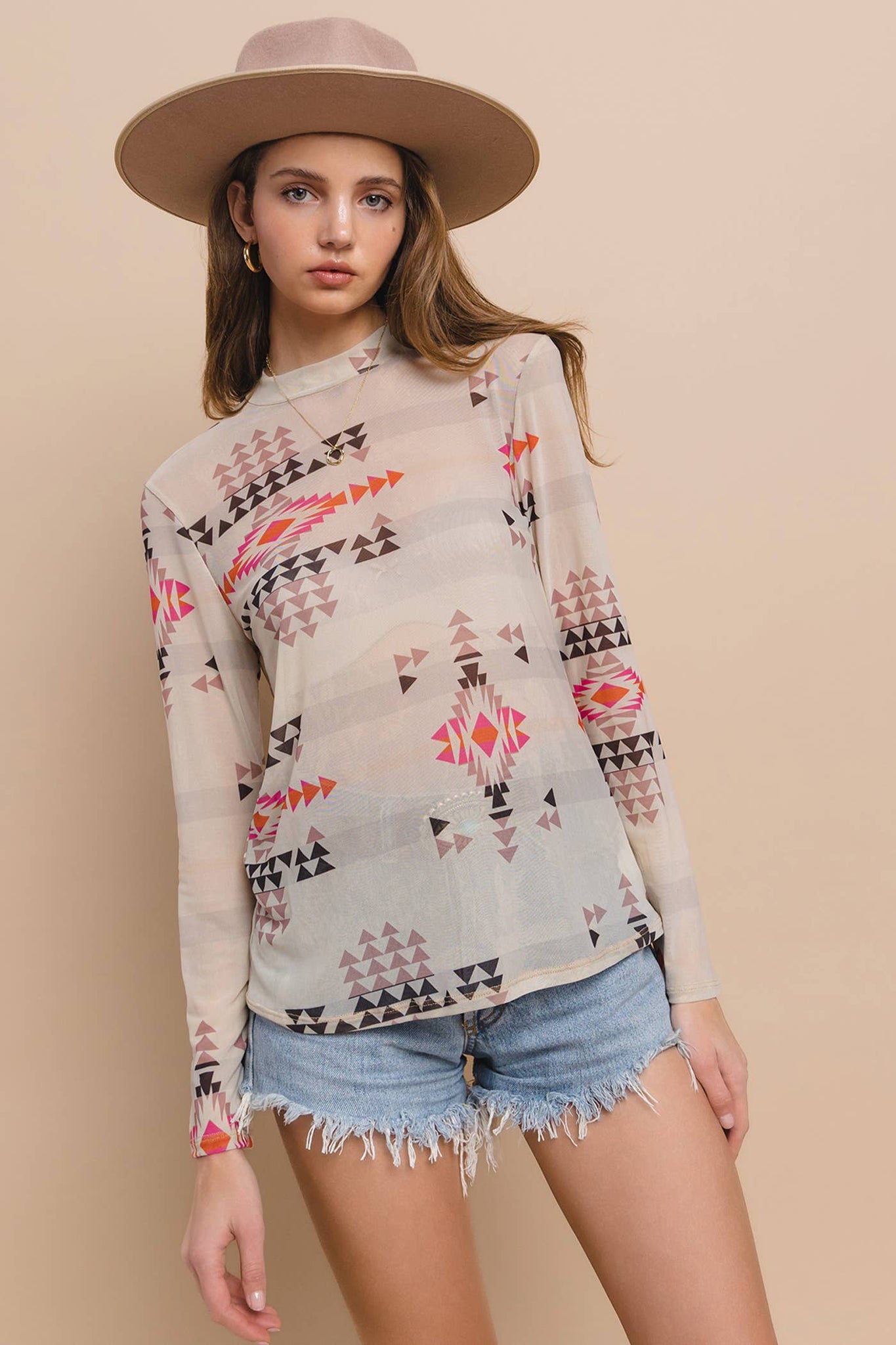 T1502-5273-Western Aztec Print Mesh Mock Neck Top: WESTERN PRINT