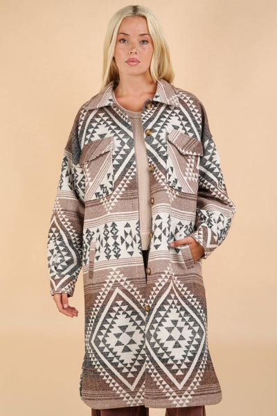 PLUS SIZE Aztec & Plaid Shacket Jacket Coat: BLACK MIX