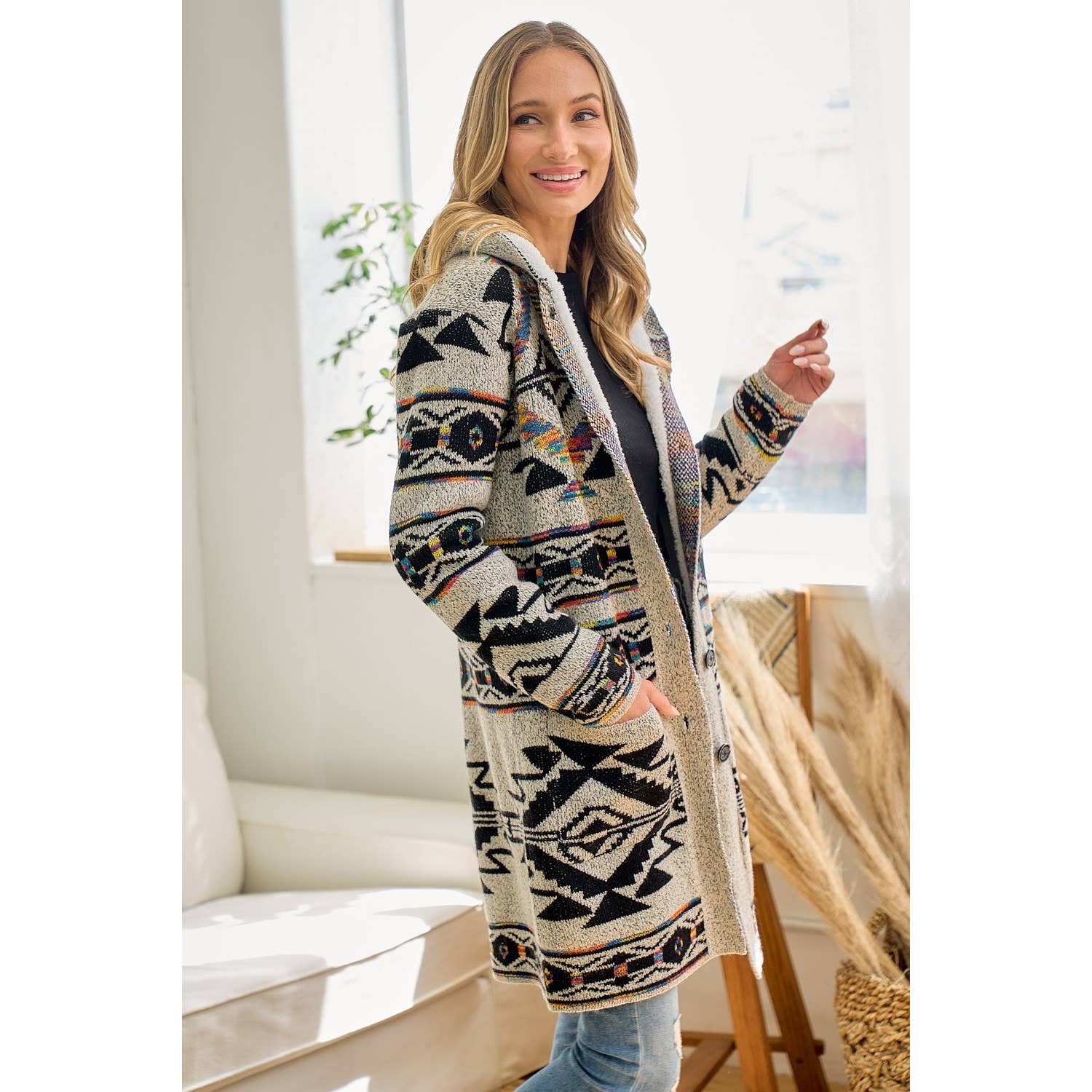 Rainbow Aztec Long Sleeve Hooded Sweater Cardigan: OATMEAL MULTI