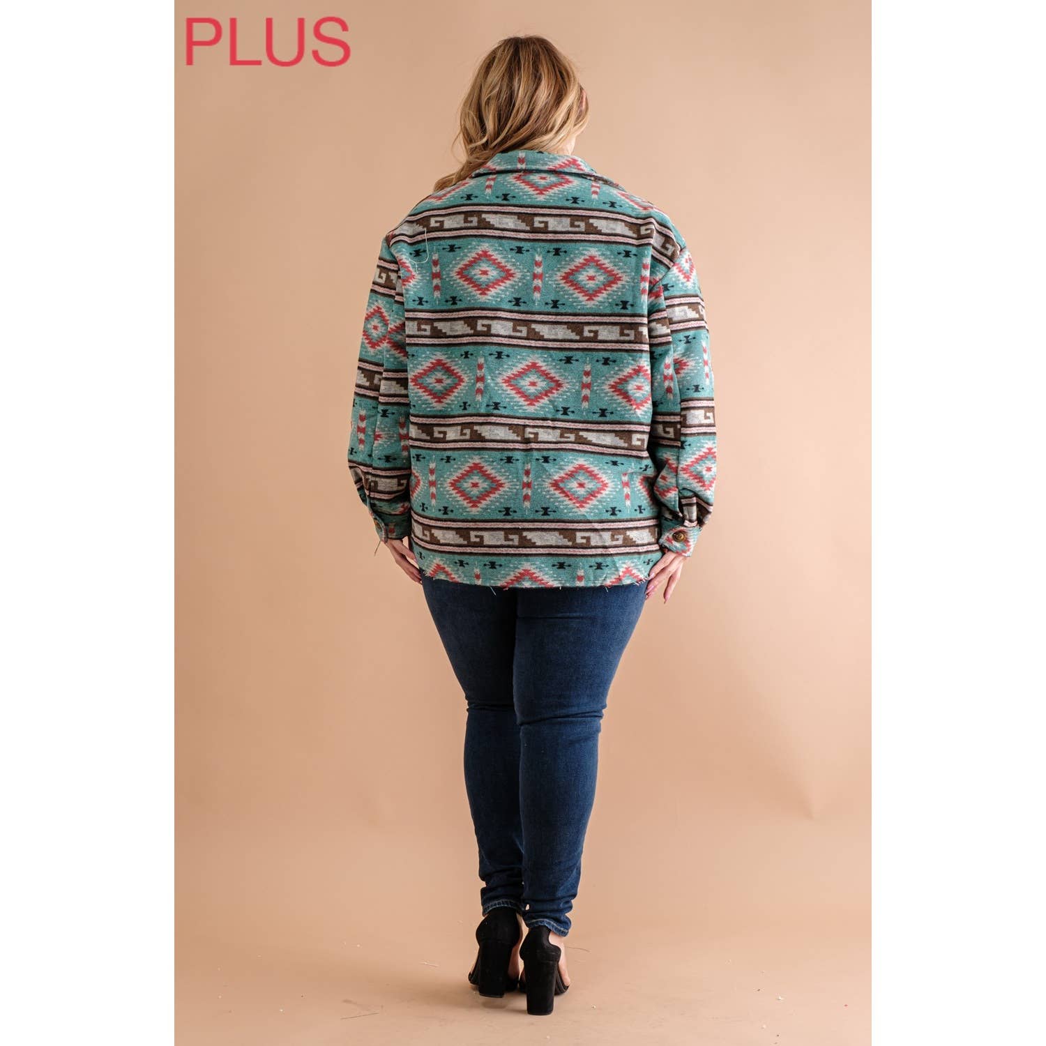 PLUS TRIBAL AZTEC PATTERN BUTTON DOWN SHIRT JACKET: Teal