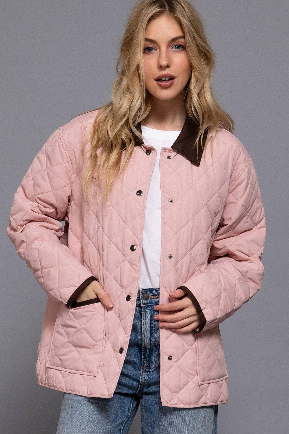 Long Sleeve Contrast Lapel Collar Quilted Puffer Work Jacket: