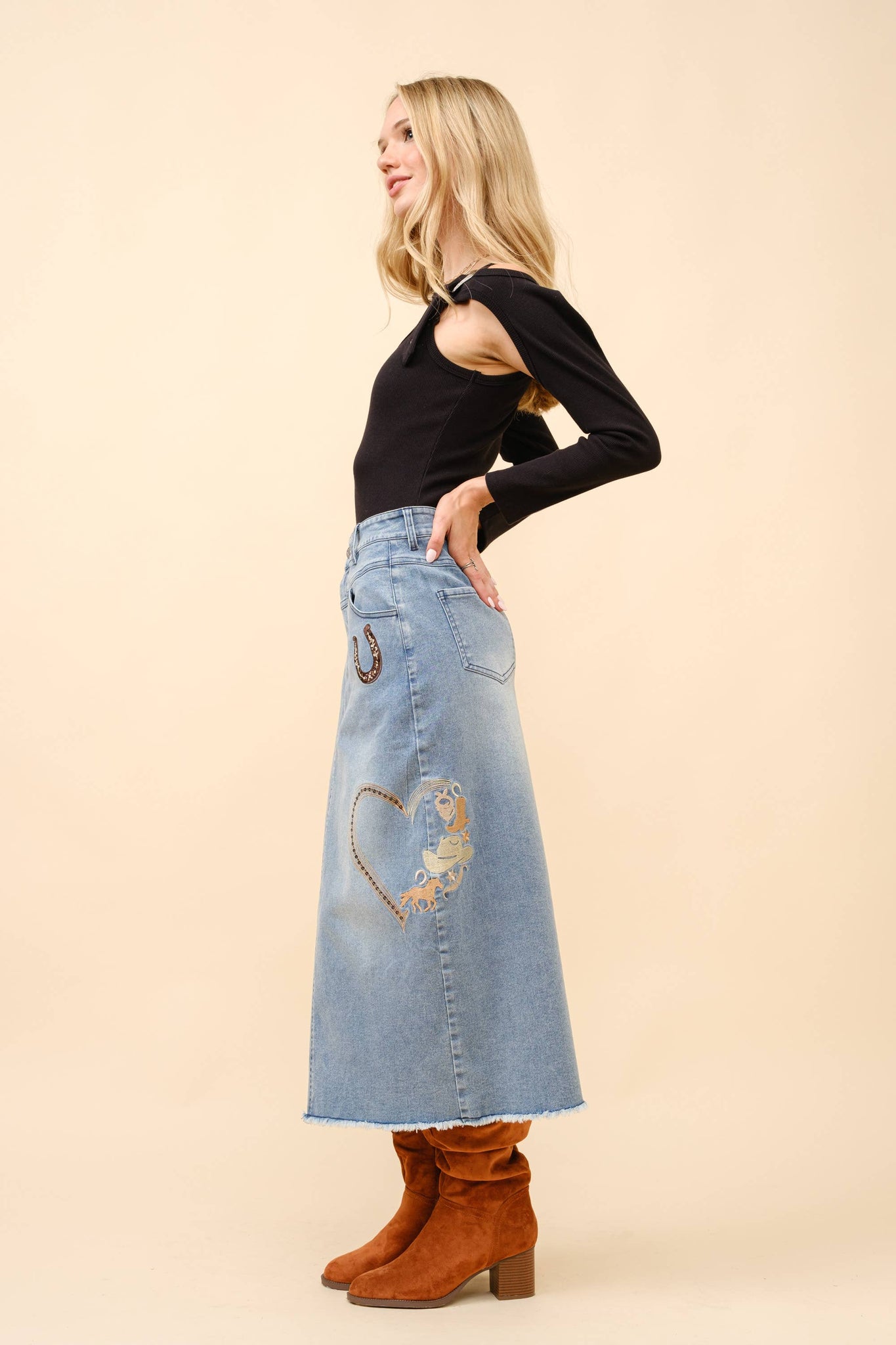 23038S - Western Embroidered Embellished Midi Denim Skirt