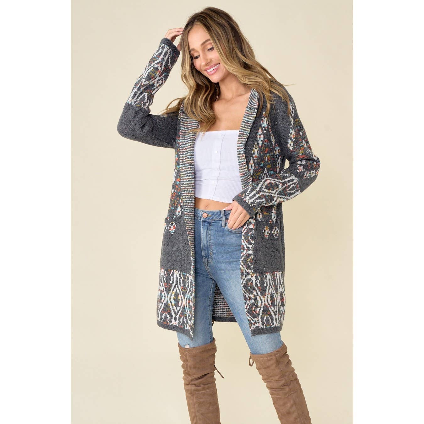 Aztec Rainbow Jacquard Long Sleeve Hooded Cardigan: GREY