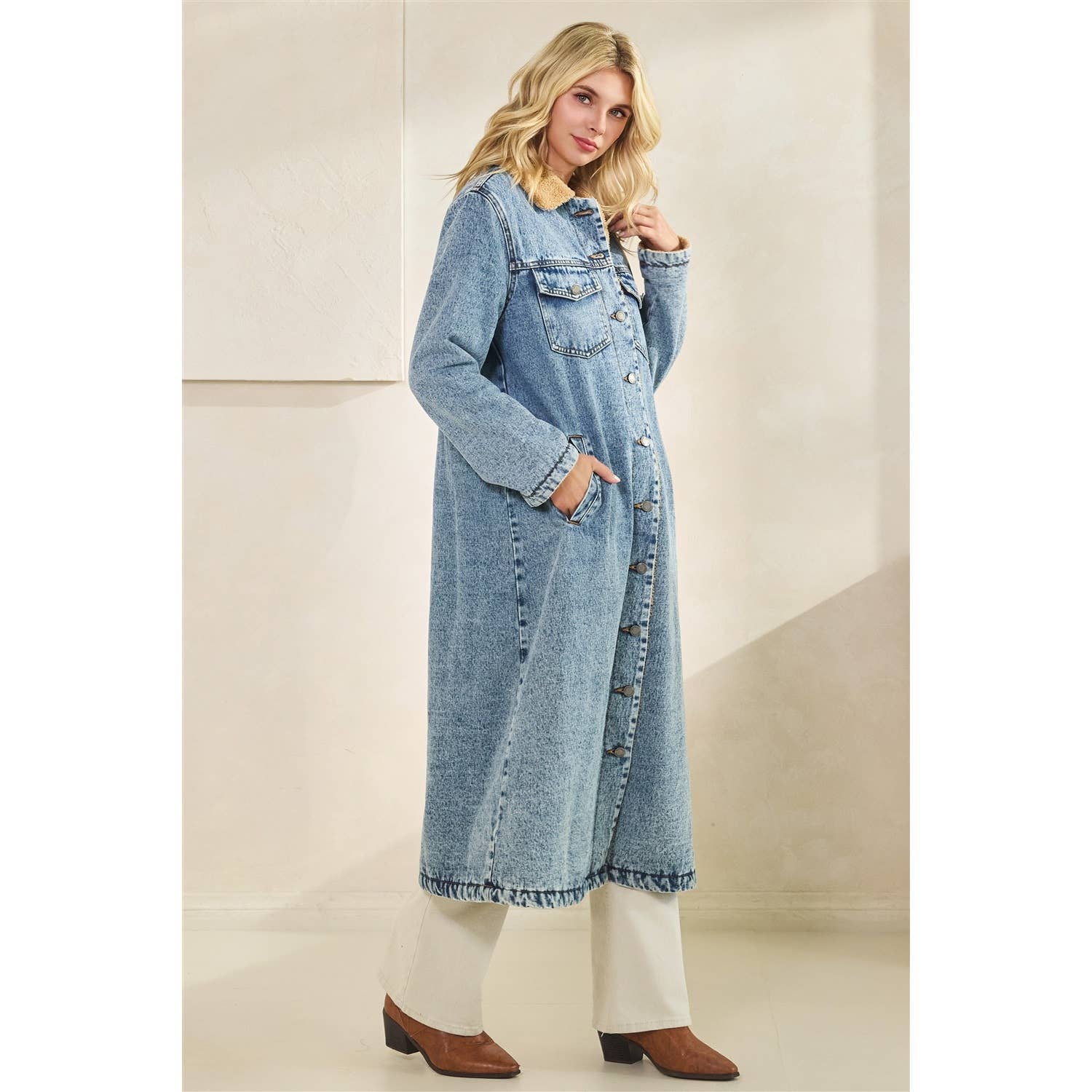 Teddy Lined Long Denim Jacket: Med Wash