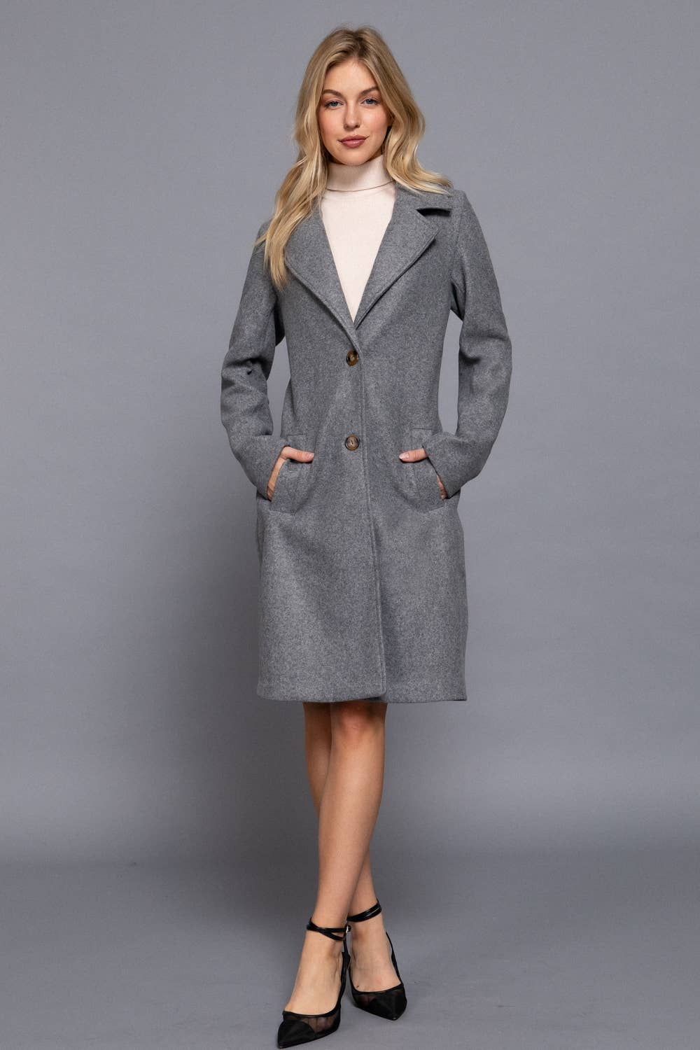 Long Sleeve A-Line Long Coat: HGY-h grey