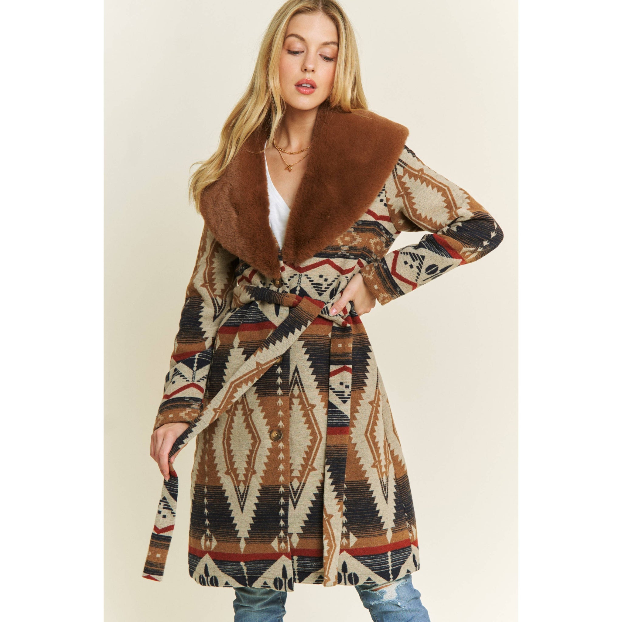 AZTEC JACKET SHACKET WITH CONTRAST FUR SHOWL COLLAR: Navy