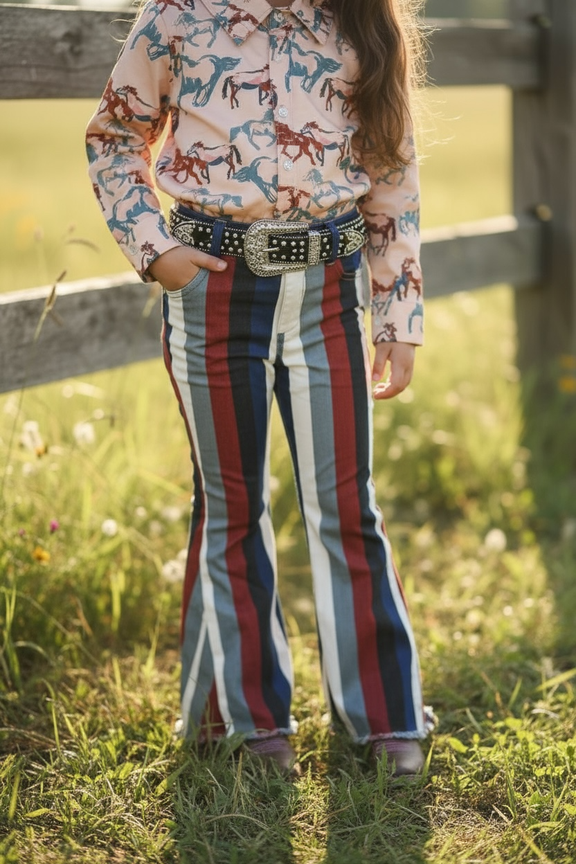 Multi-color stripe printed bootcut denim pants. PNG65153068