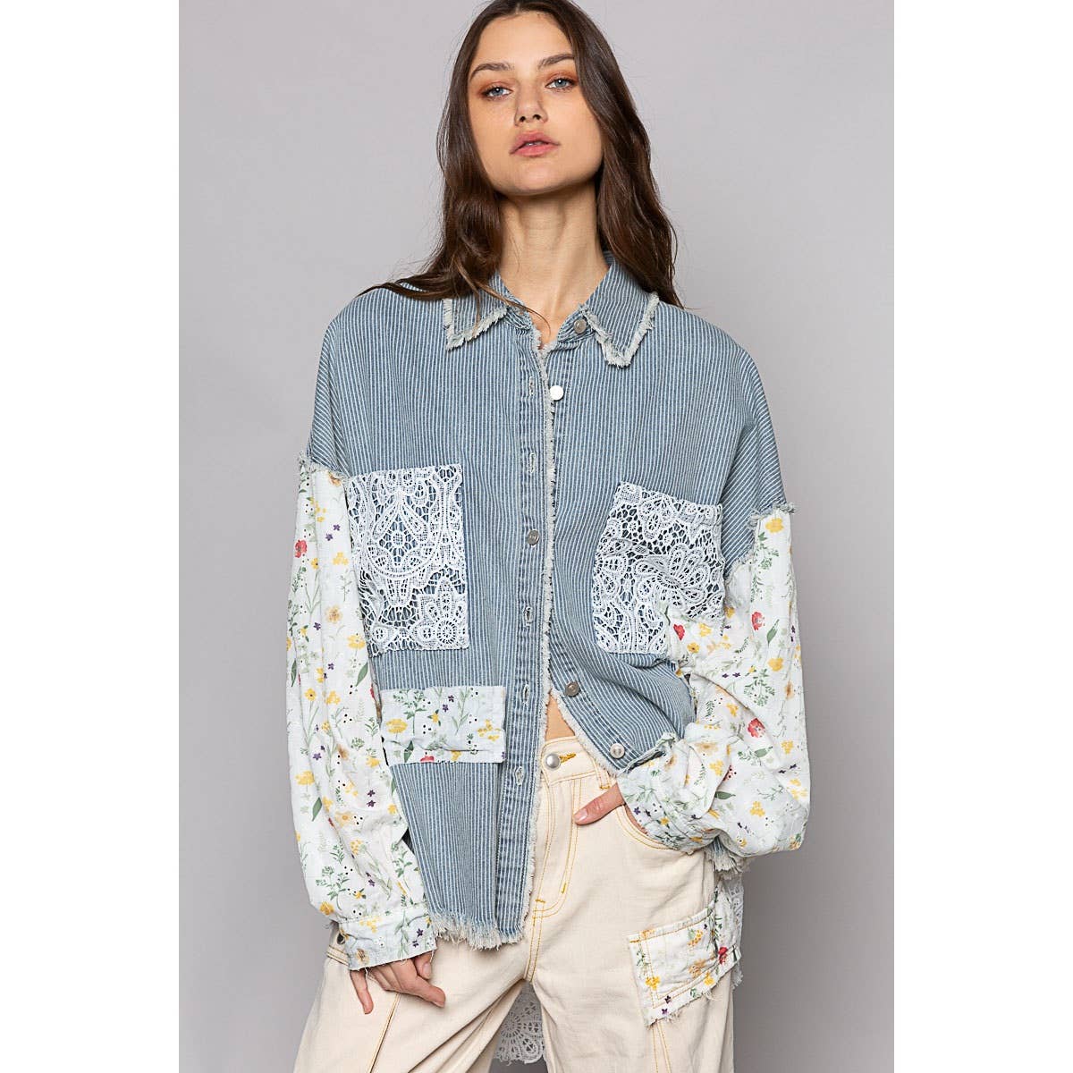 Floral print long sleeve crochet patches shacket: STRIPE DENIM