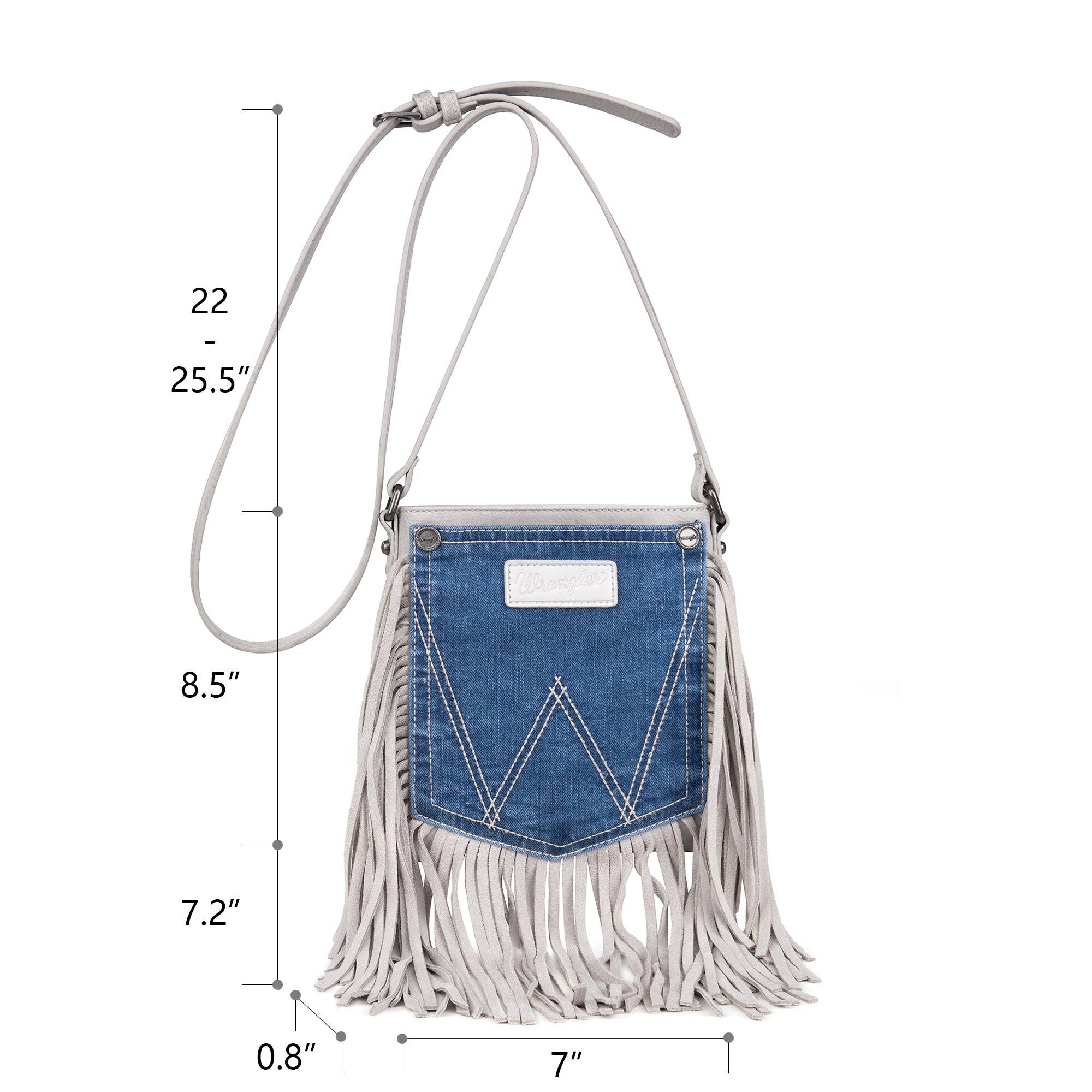 WG44-8360 Wrangler Leather Fringe Jean Denim Pocket Crossbody - White: Beige