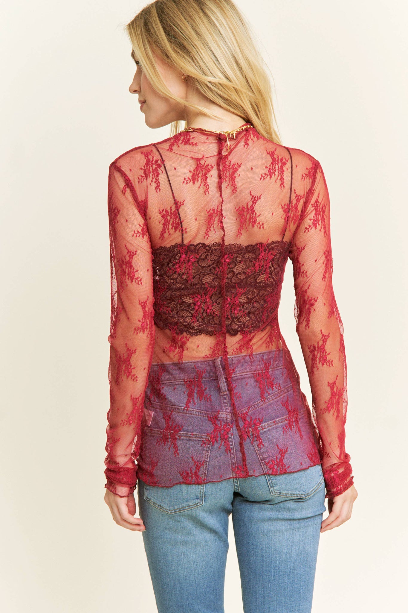 MESH LACE HIGH NECK DESIGN LONG SLEEVE FITTED TOP