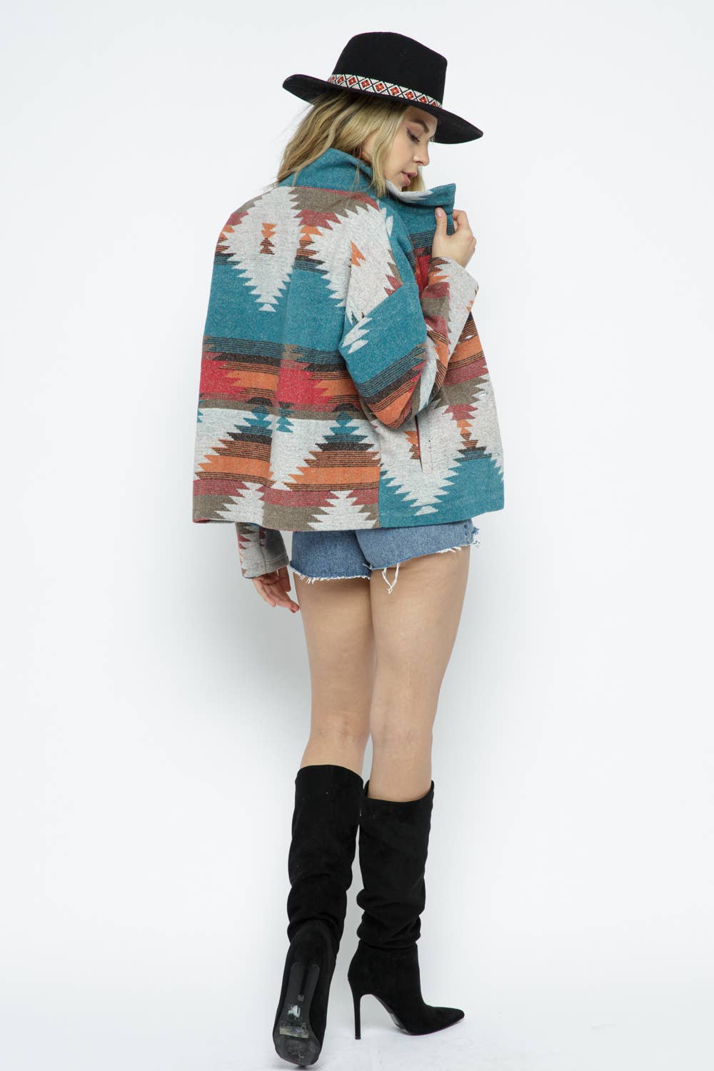 30012J - SOFT COMFY LIGHT WEIGHT AZTEC PATTERN JACKET:/ TEAL RED MIX