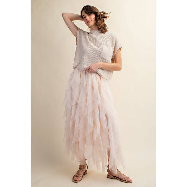 CASCADING TULLE MESH LAYERED MAX SKIRT: Cream