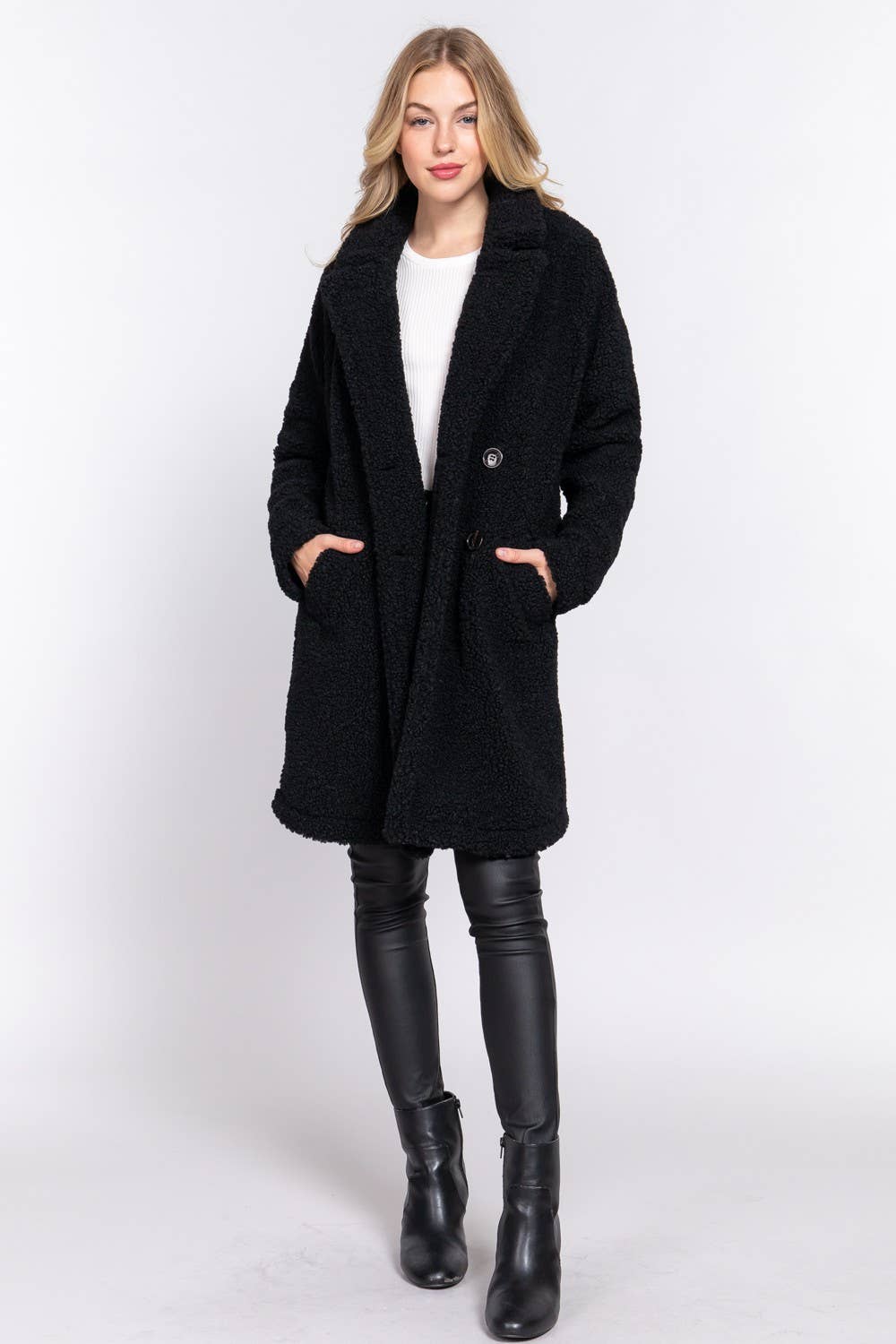 Long Sleeve Double Breasted Faux Fur Teddy Coat: Kha-Camel