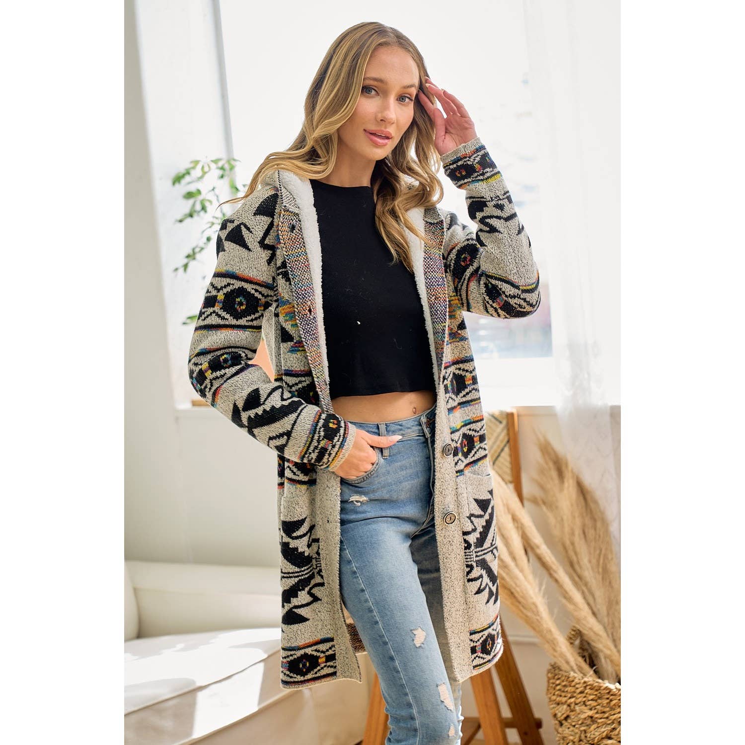 Rainbow Aztec Long Sleeve Hooded Sweater Cardigan: OATMEAL MULTI