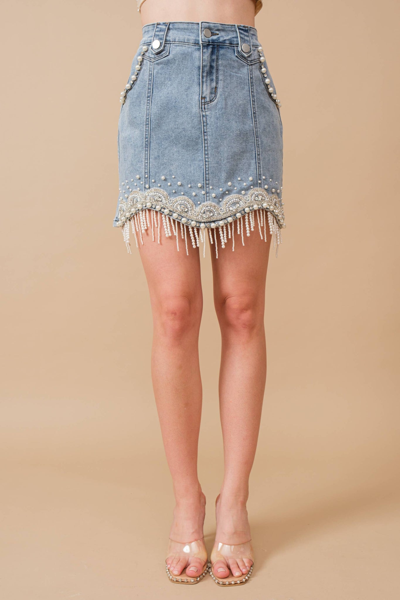 80038S - Stretch Denim Embellished Pearl Fringe Mini Skirt: MED WASH
