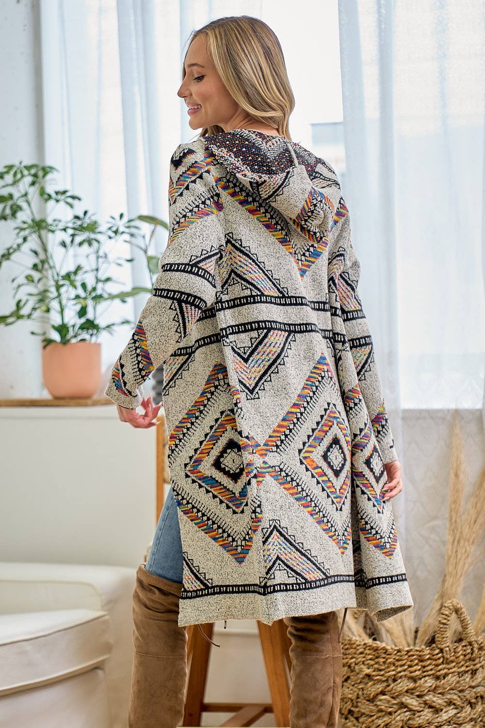 Rainbow Multi Diamond Long Sleeve Long Cardigan WITH HOOD