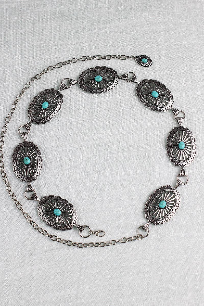 Vintage Turquoise Chain Belt – Classic Western Elegance: Silver