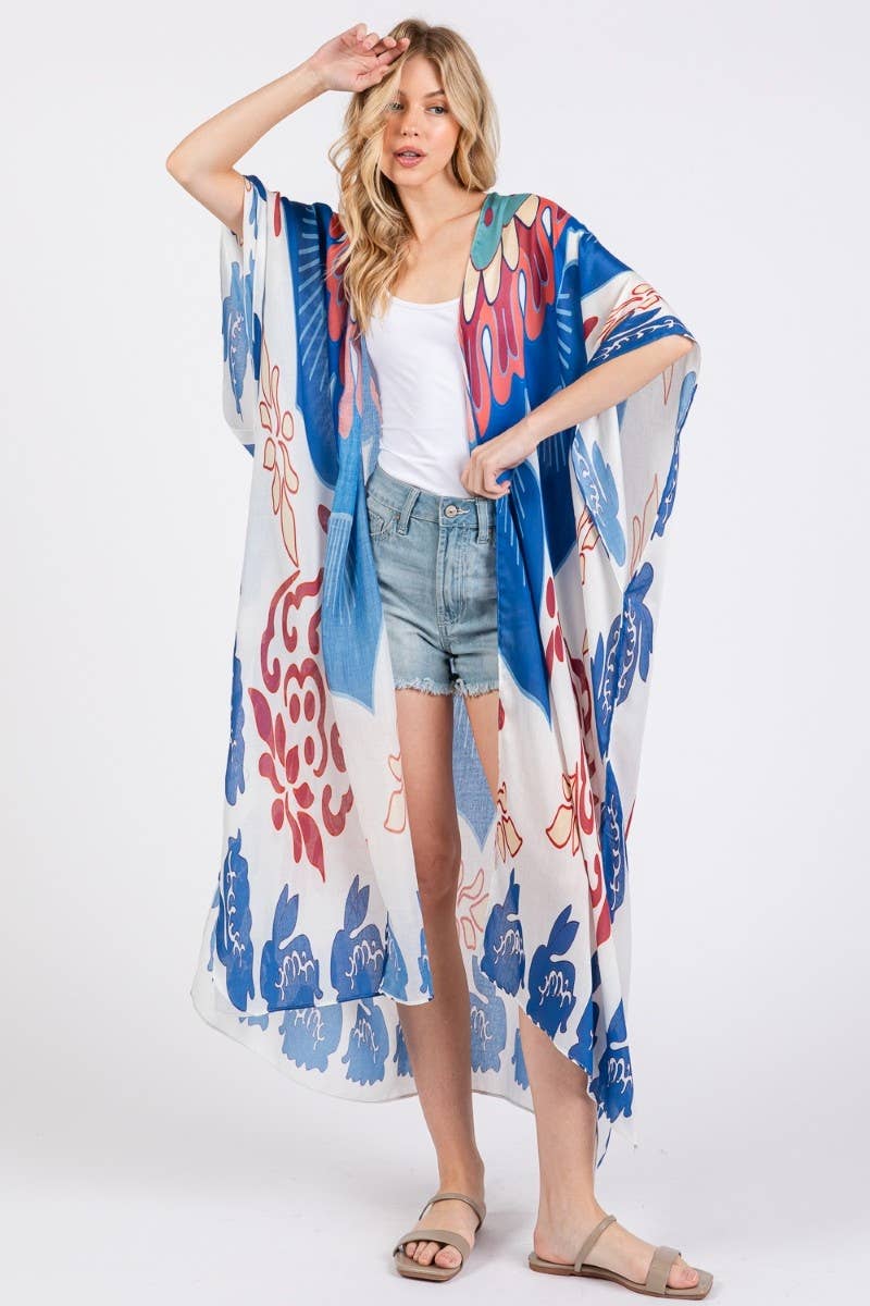 Boho Floral Print Long Kimono: MULTI