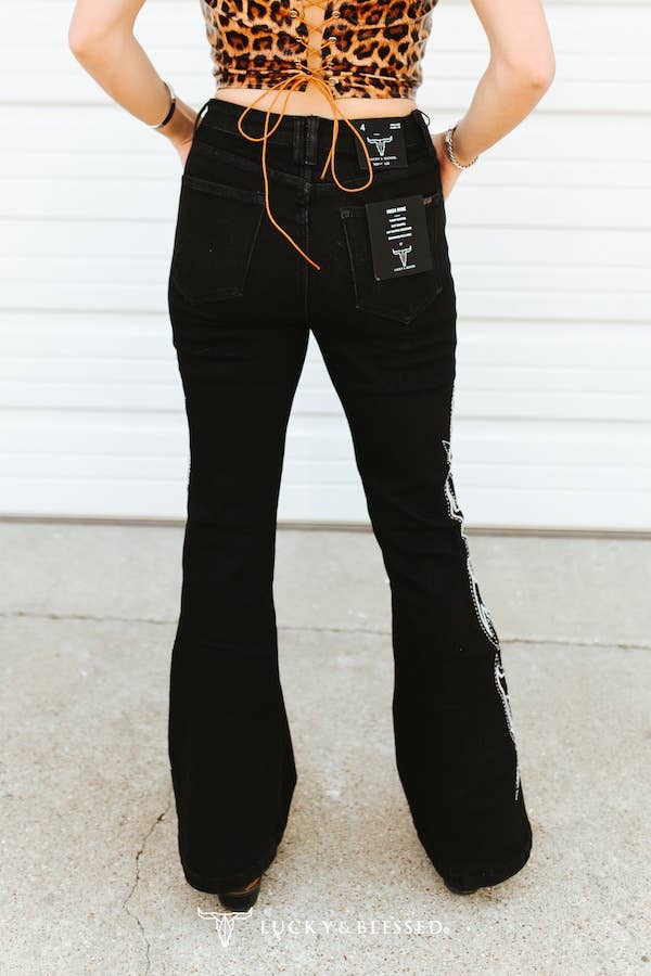 Black Boot Stitch Embroidery Jeans Inseam 32in