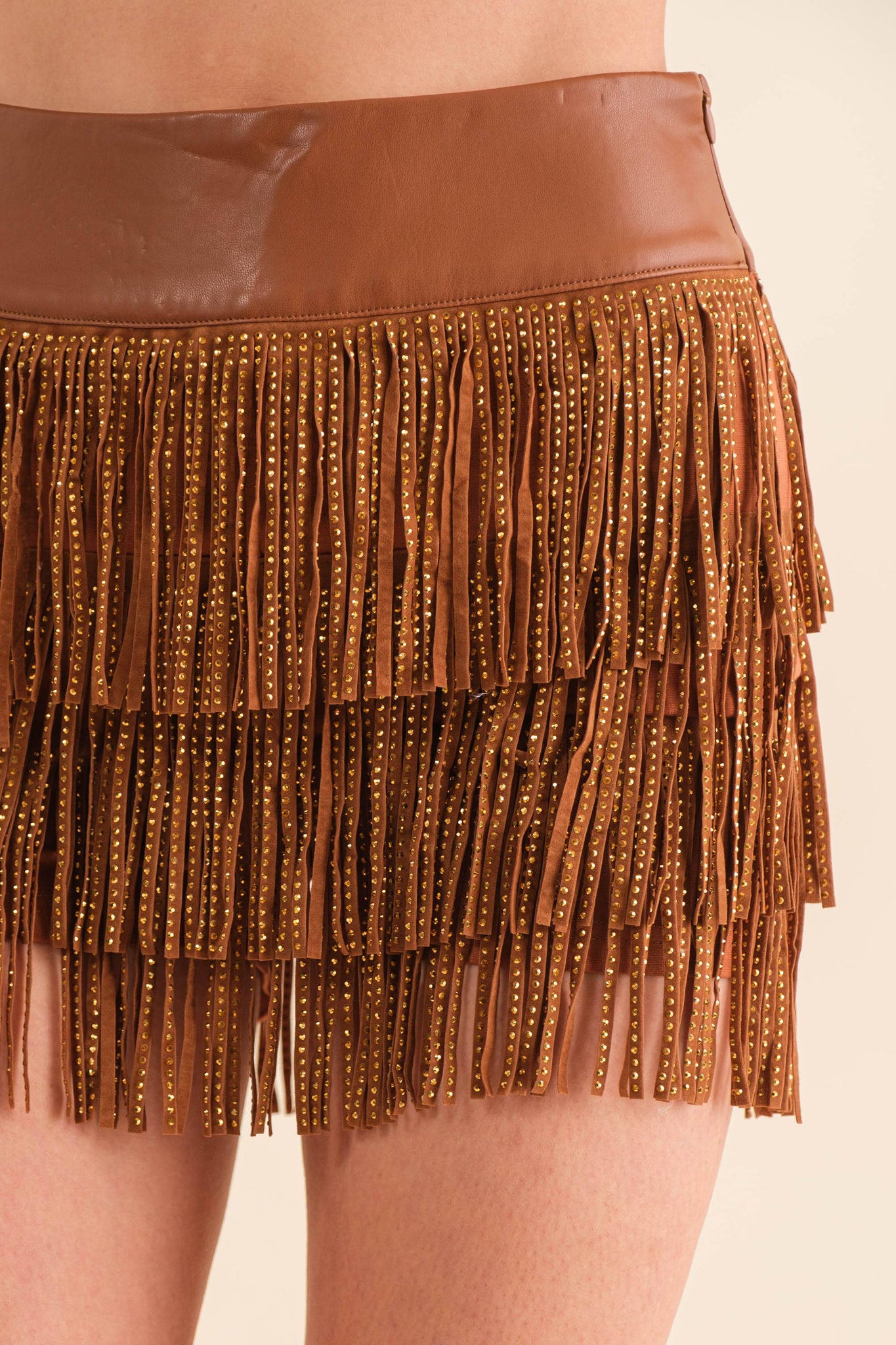 32933P - Wide Faux Leather Waist Tiered Fringe Studded Short: BROWN