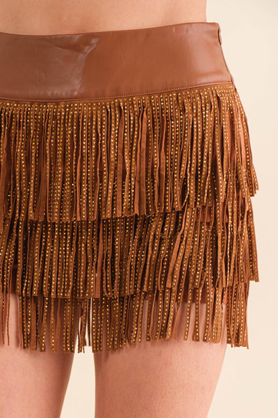 32933P - Wide Faux Leather Waist Tiered Fringe Studded Short: BROWN