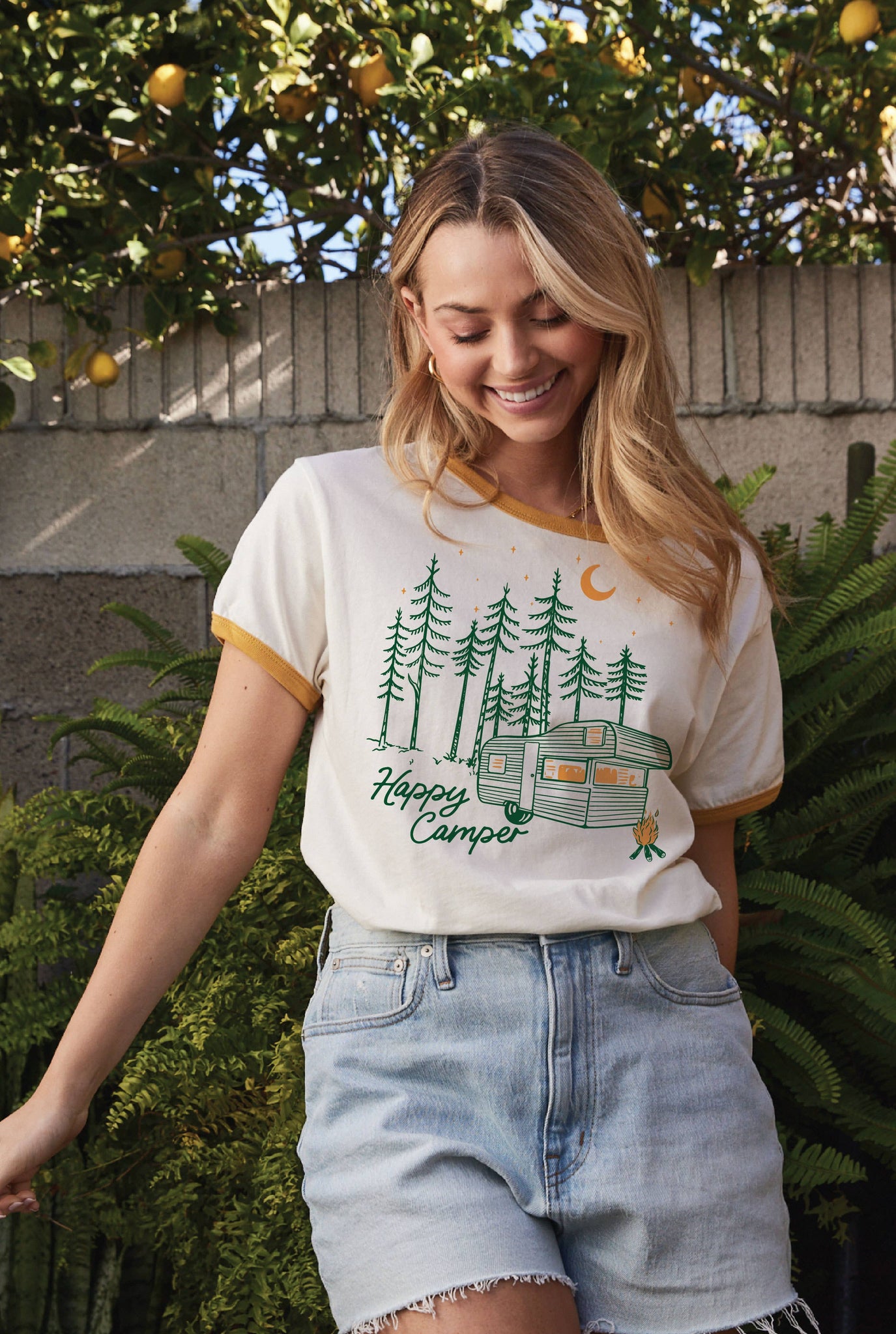 HAPPY CAMPER Ringer Graphic Top : NATURAL/ROYAL