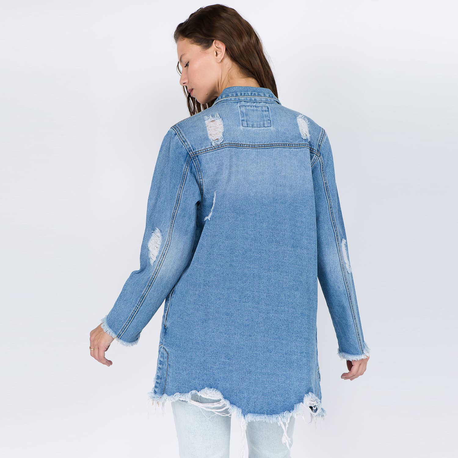 DISTRESSED DENIM SHIRT STYLE JACKET-RJK3661: LIGHT BLUE / L