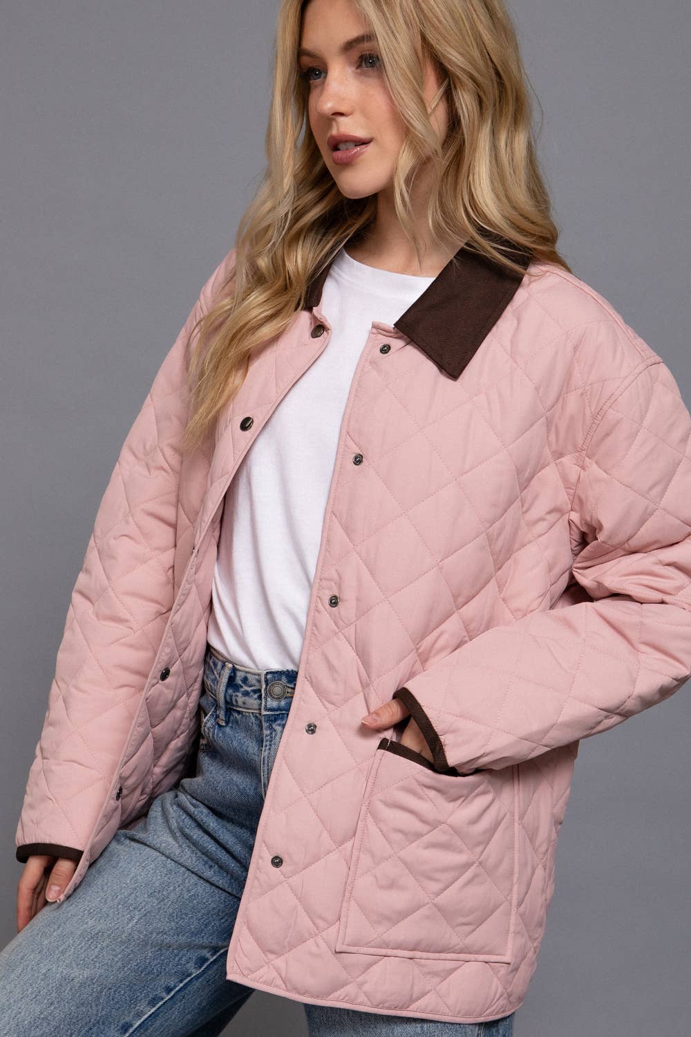 Long Sleeve Contrast Lapel Collar Quilted Puffer Work Jacket:
