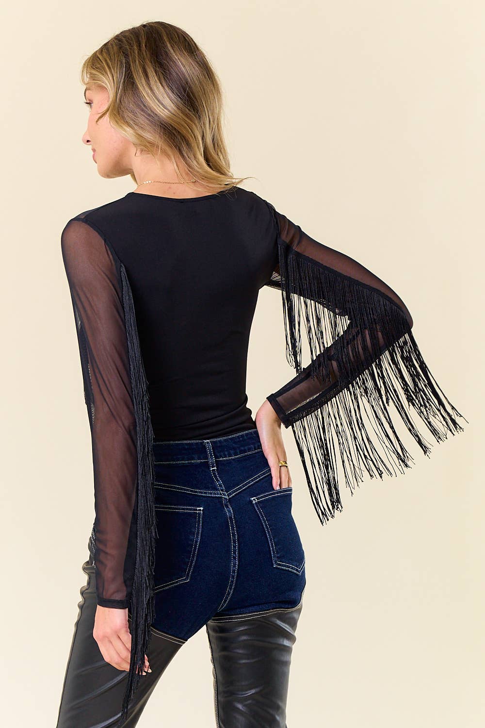 LONG SLEEVE FRINGED MESH TOP