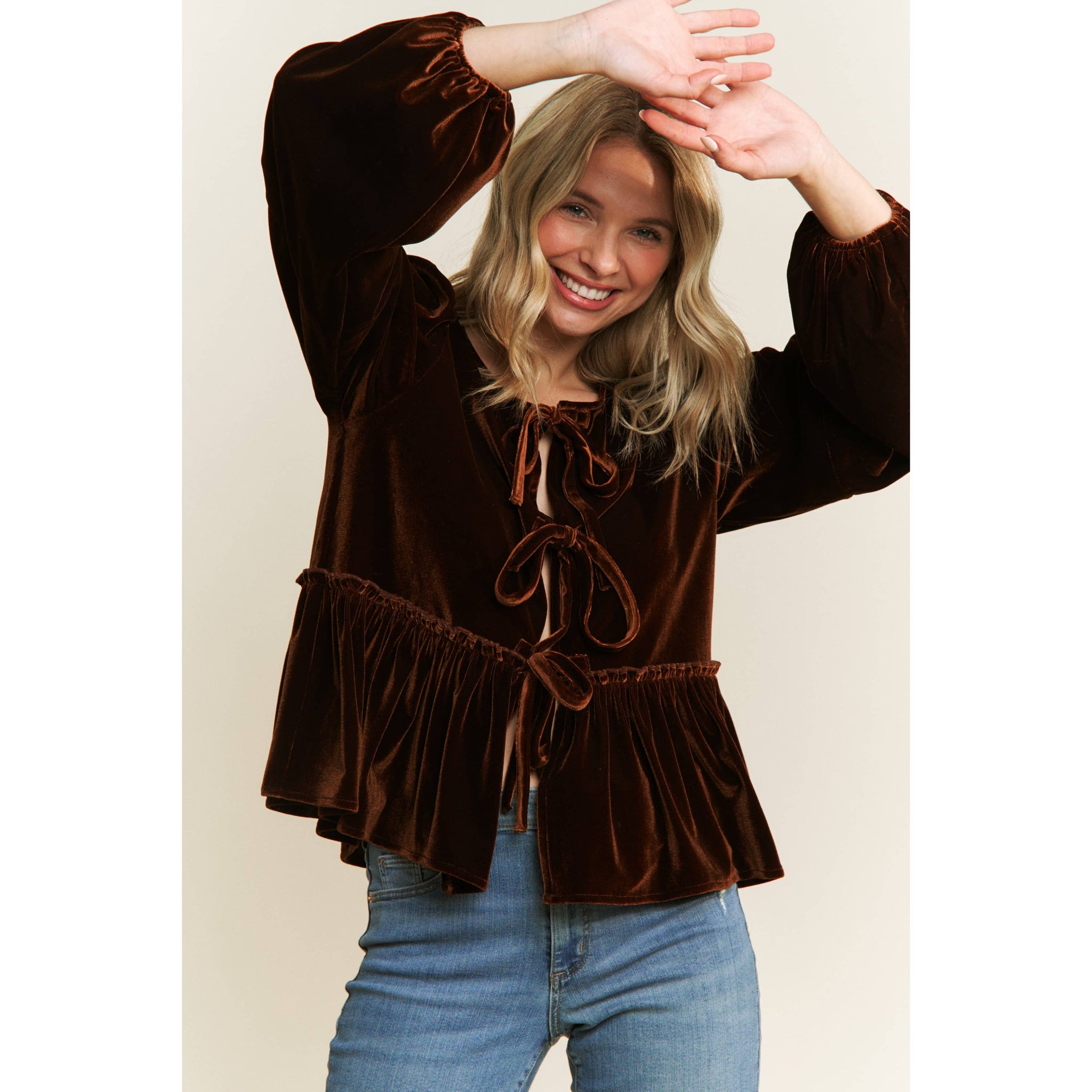 VELVET OPEN FRONT BABYDOLL LONG SLEEVE BLOUSE WITH BOW DETAIL