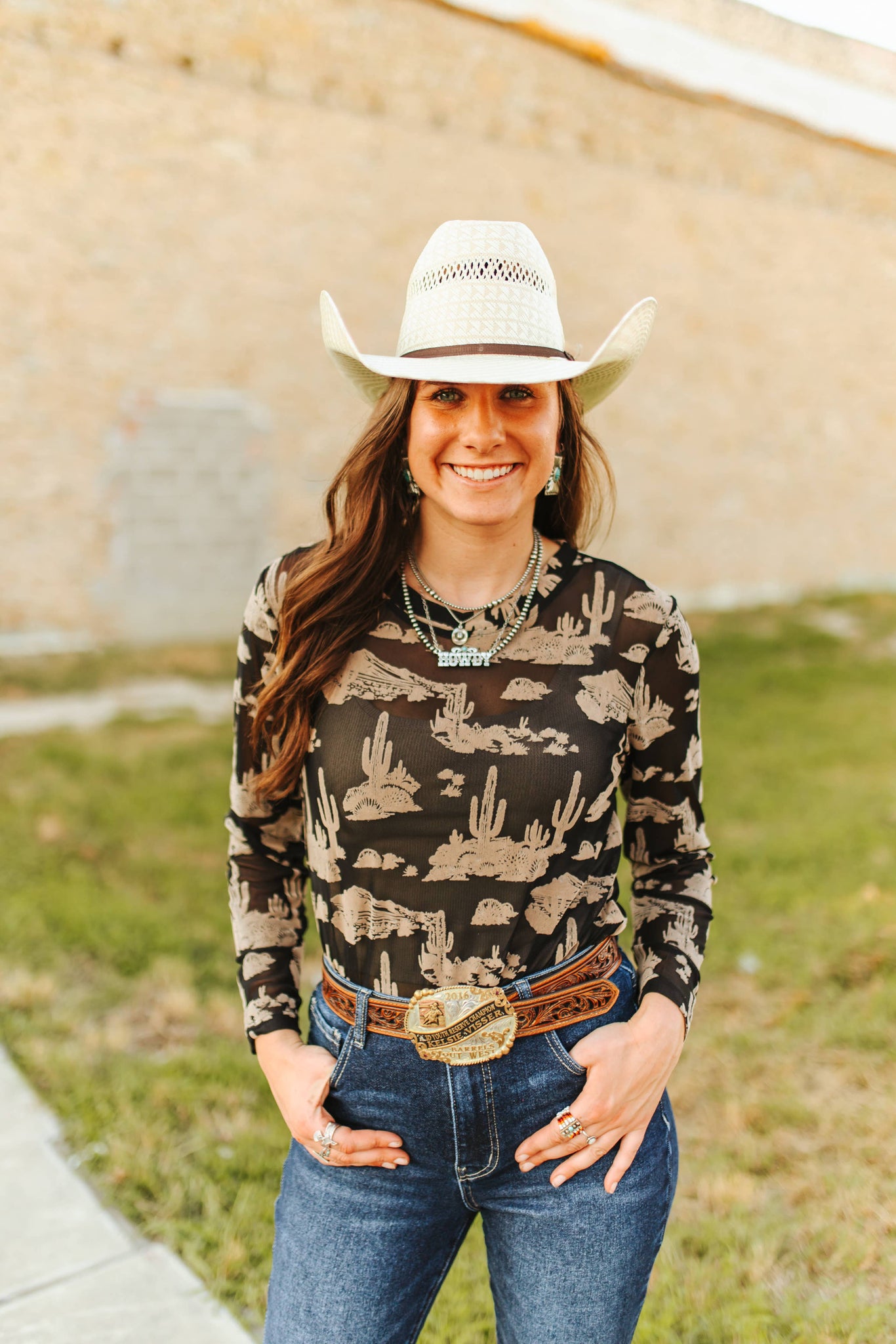 Black Beige Western Desert Burnout Mesh Long Sleeve Top