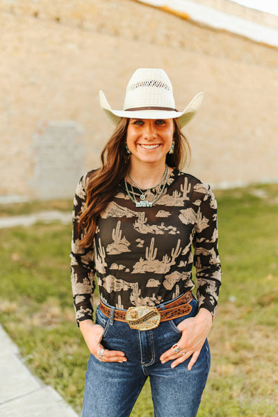 Black Beige Western Desert Burnout Mesh Long Sleeve Top