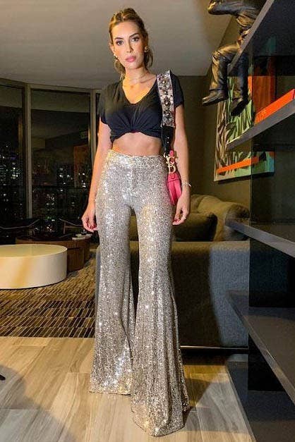 SEQUINS FLARED LEG PANTS 2405: CHAMPAGNE