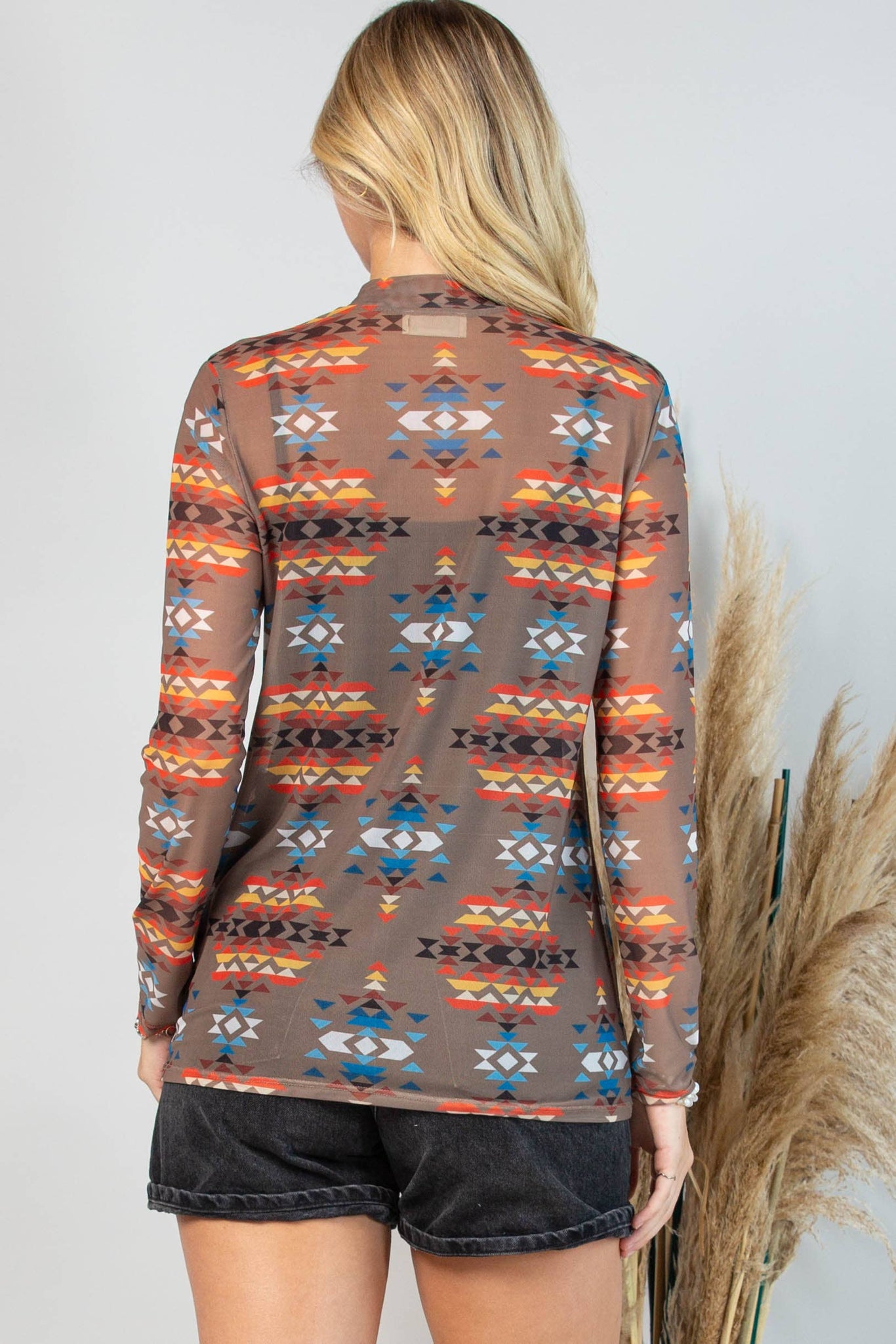 AV1230-COOPER AZTEC PRINT SEMI SHEER MESH TOP: Mocha Multi / Contemporary