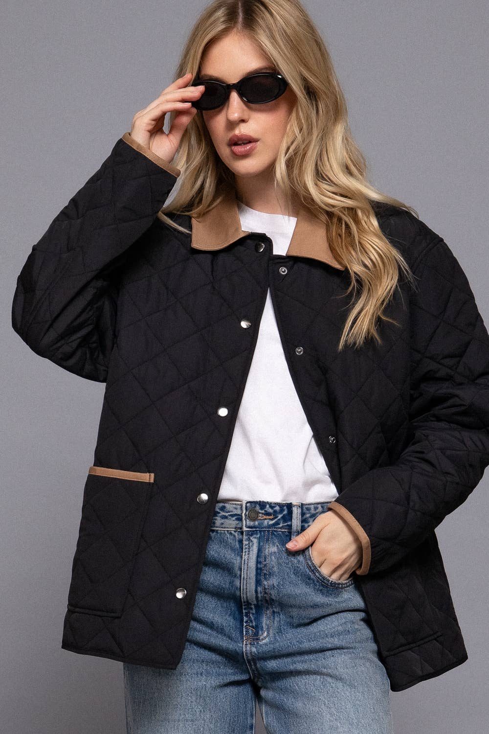 Long Sleeve Contrast Lapel Collar Quilted Puffer Work Jacket: