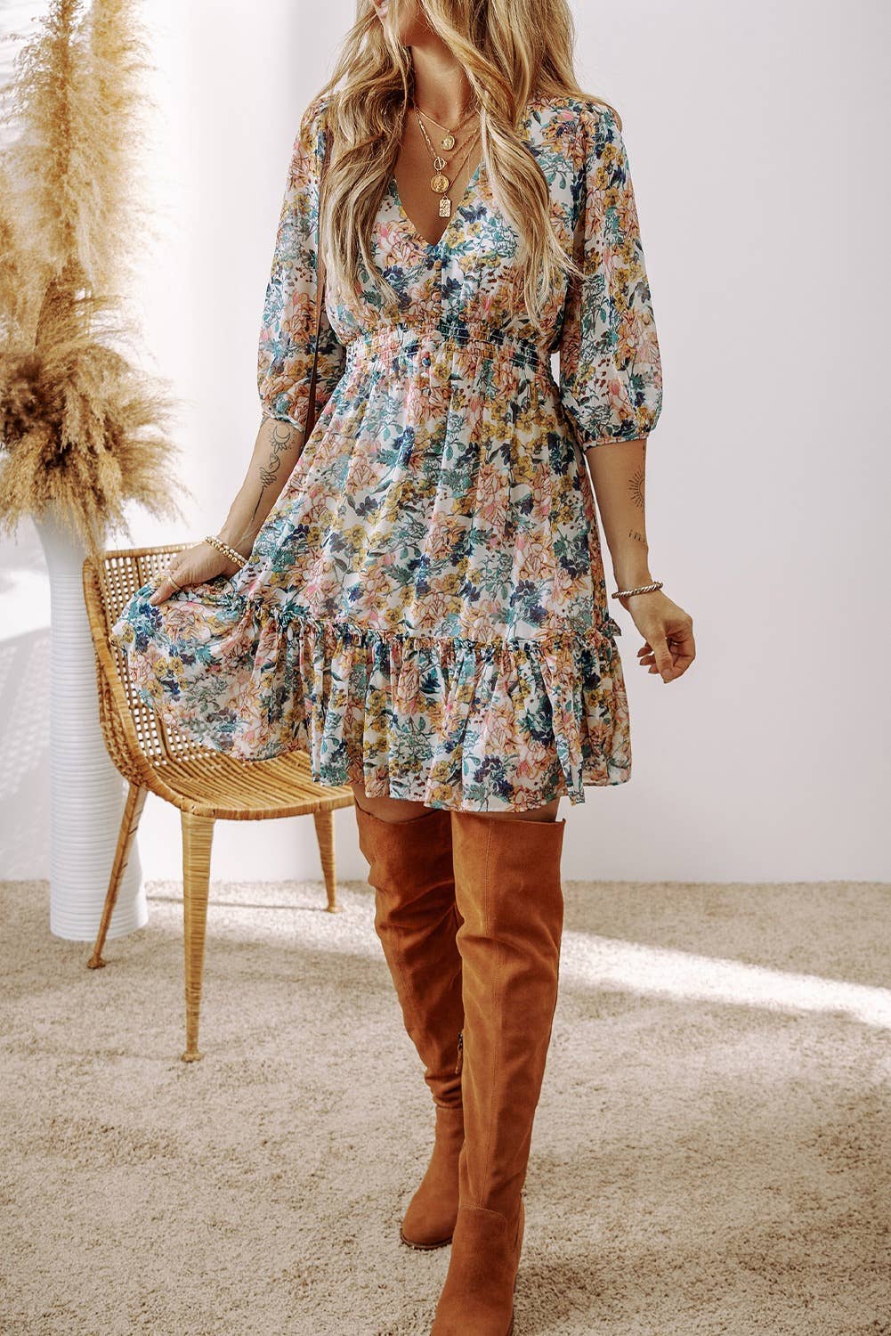 Sky Blue Floral 3/4 Sleeve V Neck High Waist Ruffled Dress: