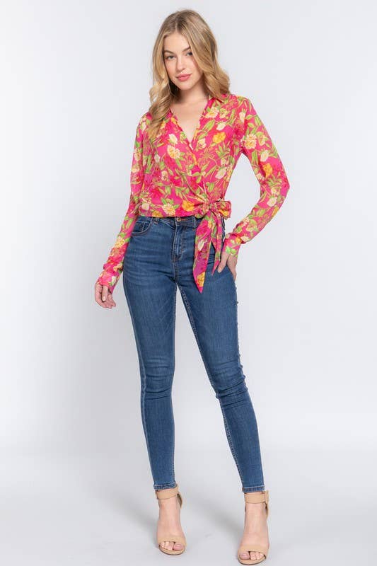 Surplice Floral Print Chiffon Blouse: Hpk-Fuchsia