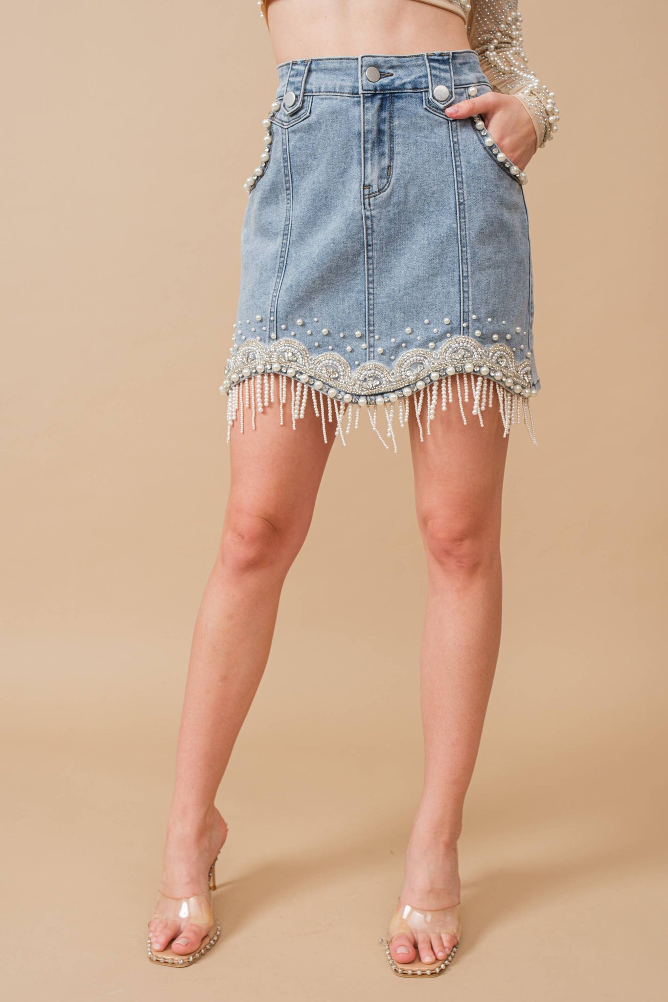 80038S - Stretch Denim Embellished Pearl Fringe Mini Skirt: MED WASH